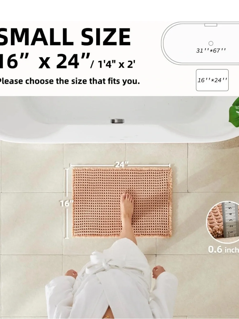 Plush Peach Waffle Bath Mat - Soft Absorbent Bathroom Rug